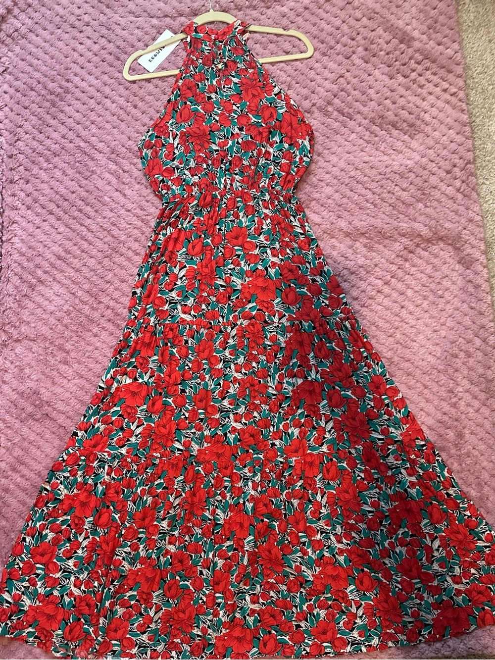 NWT ECOWISH Red Floral Halter Maxi Dress - Boho, Feminine, Flowy Summer Sz M